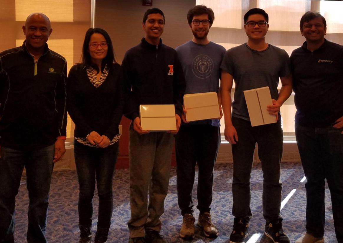 University of Illinois Award Top Student Competitors at 2020 Datathon Winners of the most innovative model. From L to Right: David Charles, Manager, Data-Driven Innovation, John Deere; Bo Li, Head, Department of Statistics; Rishub Podar, student winner; Liam Lutton, student winner; Andrew Ma, student winner; Ujjval Patel, S