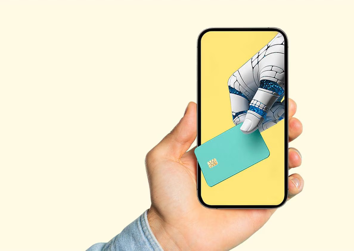 Hand holding card with AI robot illustration