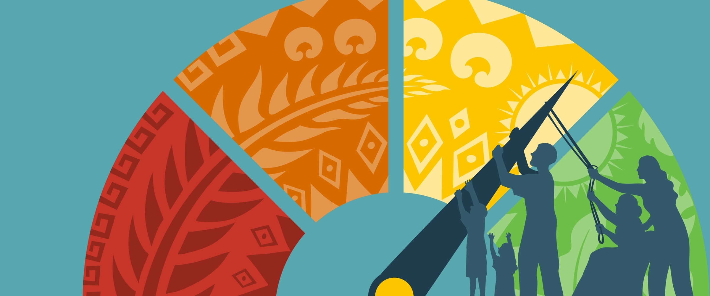 Illustration of a credit score gage in the colors of hispanic heritage.