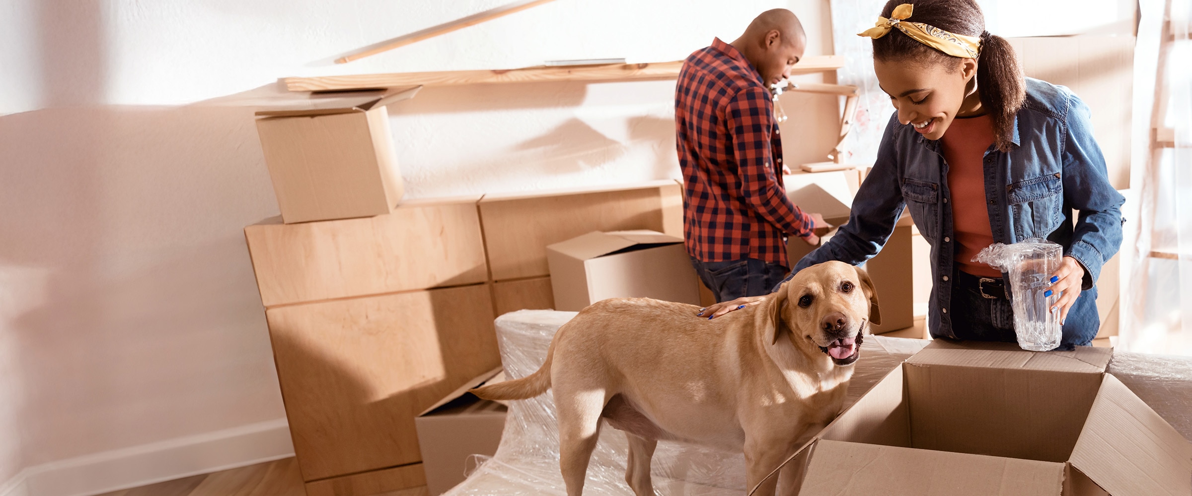 Photo of couple around moving boxes and dog.