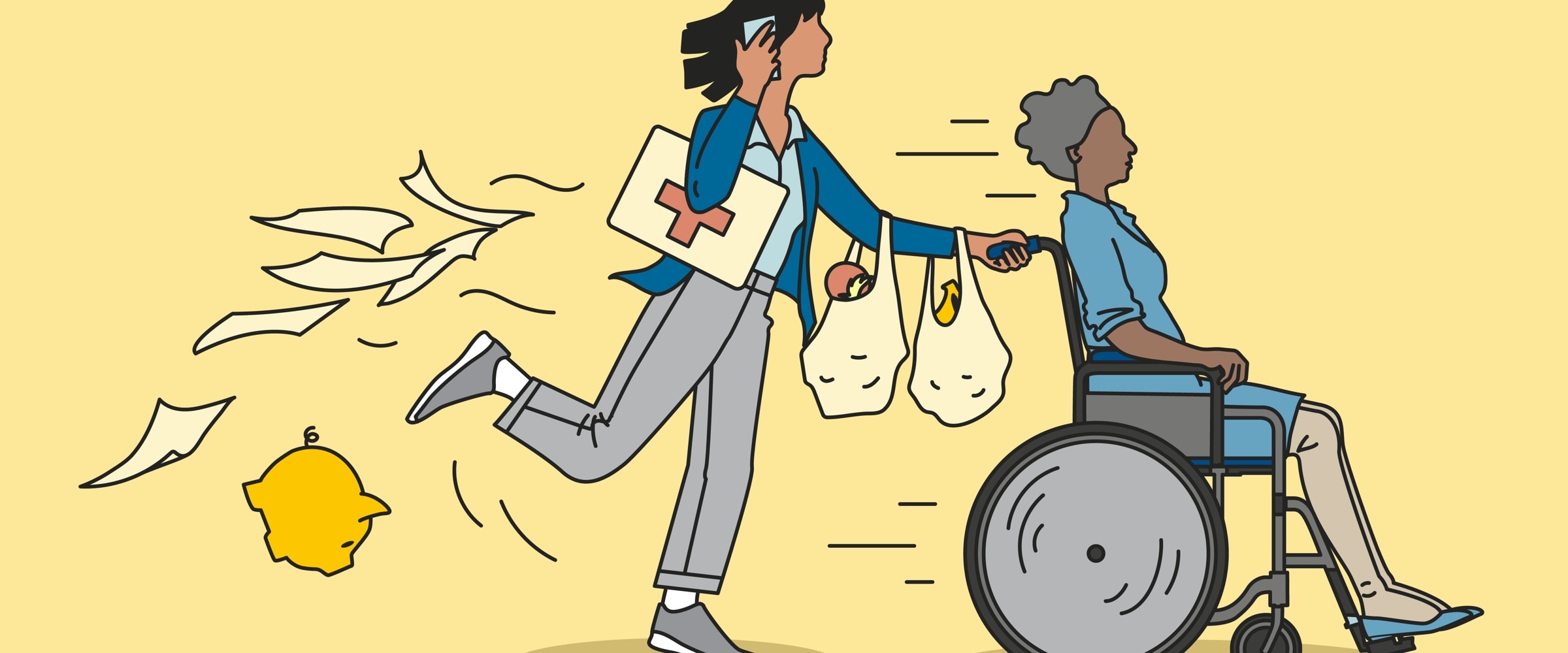 Illustration of hurried woman pushing other woman in a wheelchair.