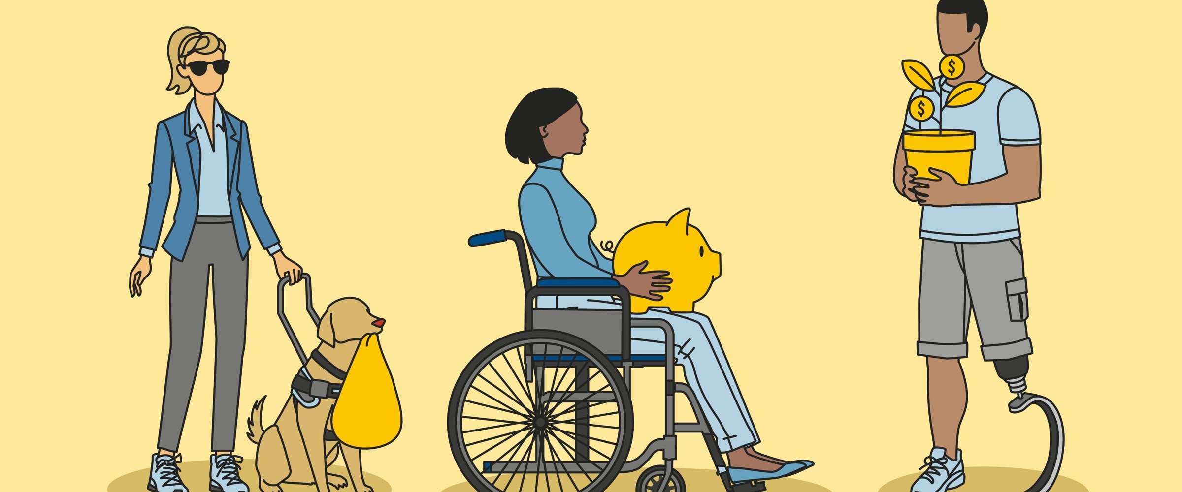 Illustration of three people with different disabilities.
