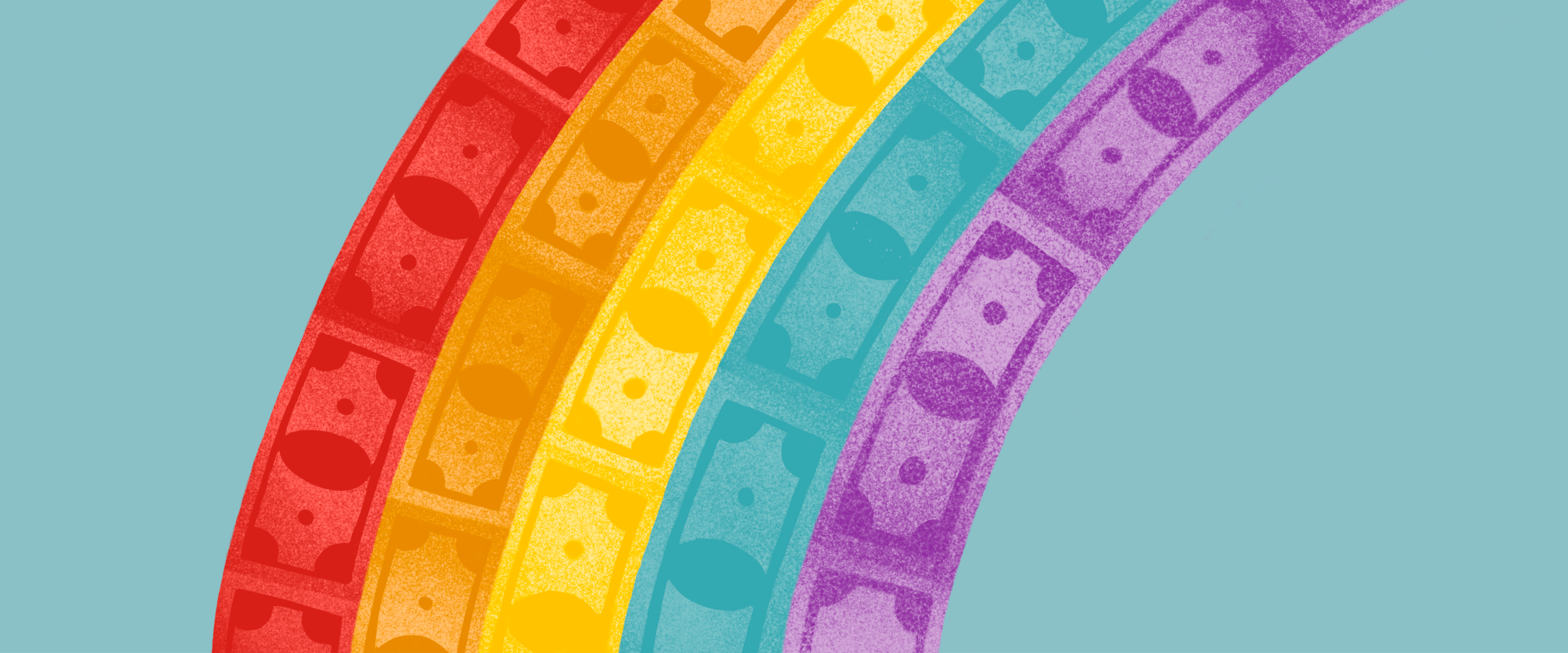 Illustration of rainbow with currency visible in the colors.