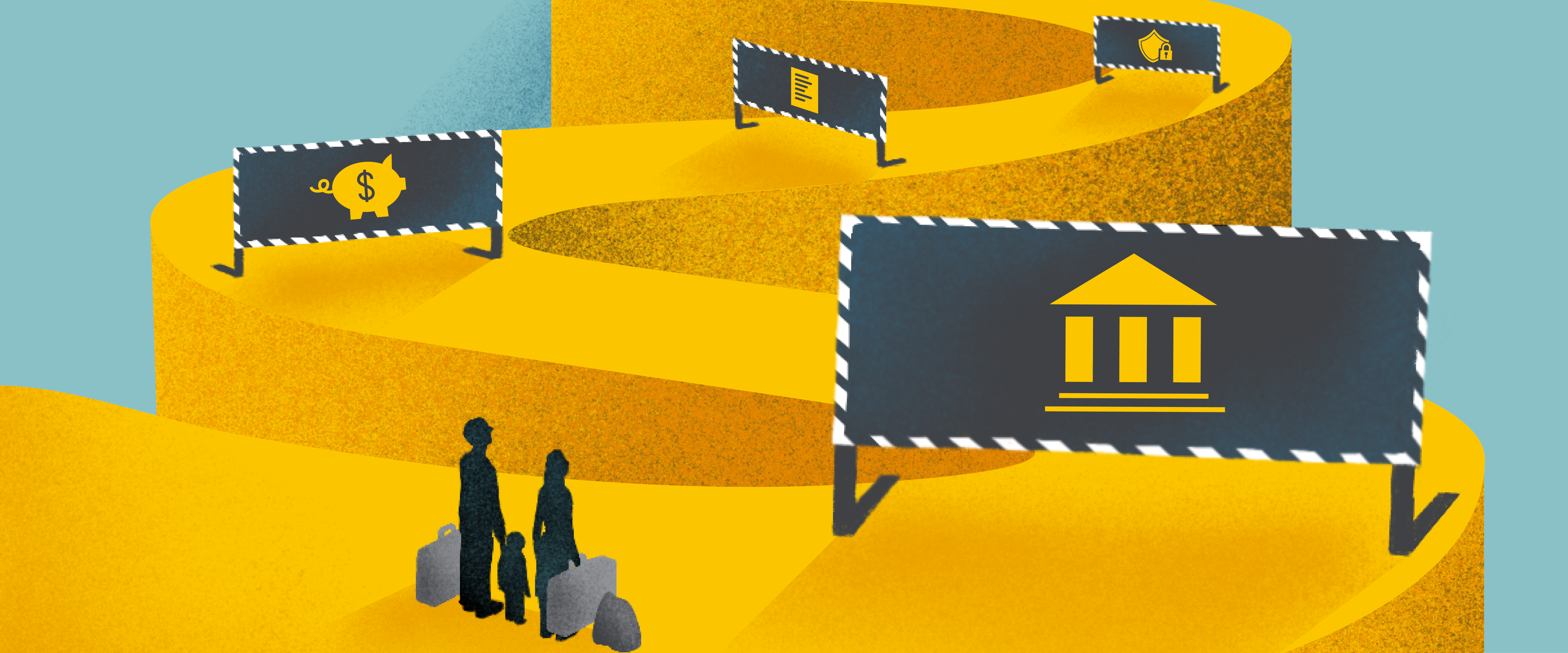 Illustration of people walking up a road winding up a hill.