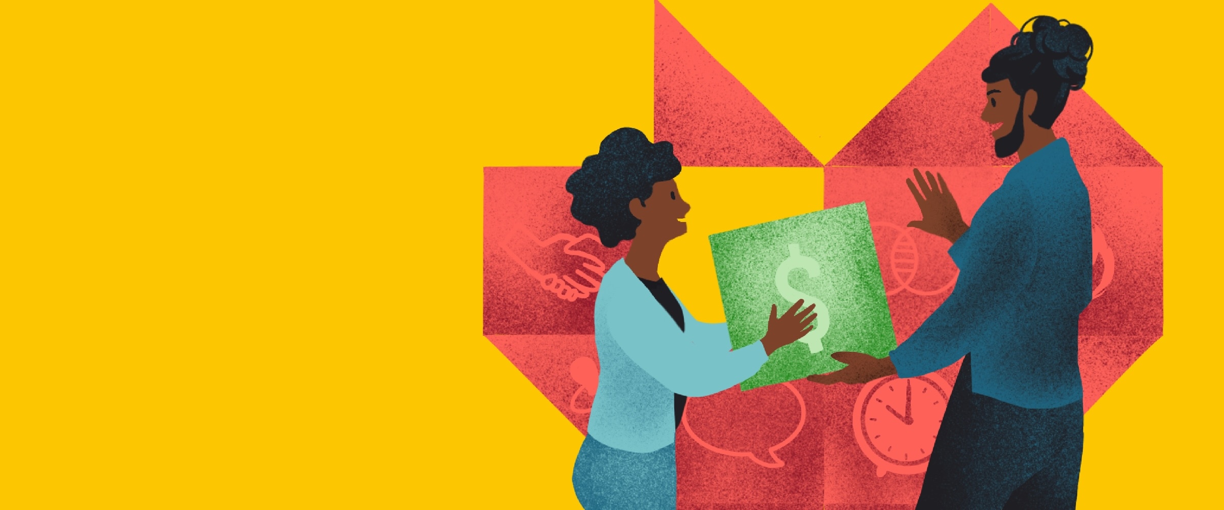 Illustration of black couple exchanging gift with an origami heart in the background.