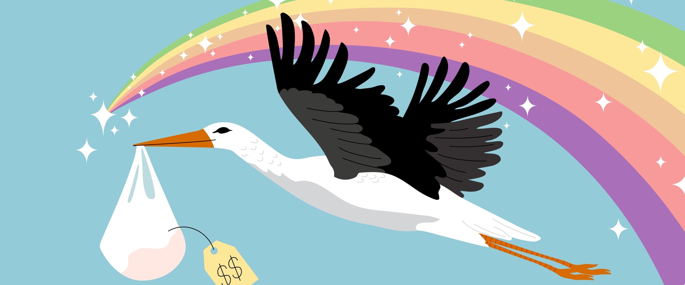 Illustration of a stork carrying a baby flying under a rainbow,