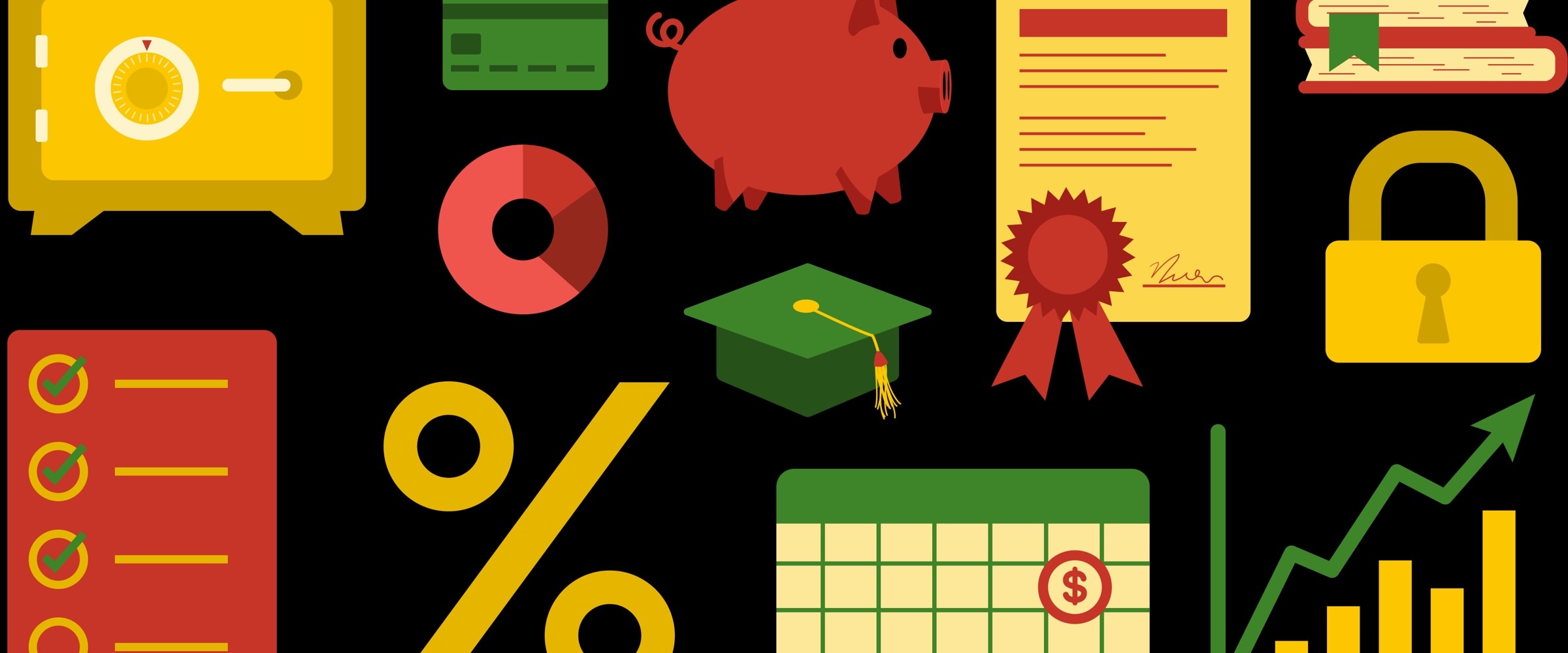 Images of financial icons presented in traditional African American color scheme.