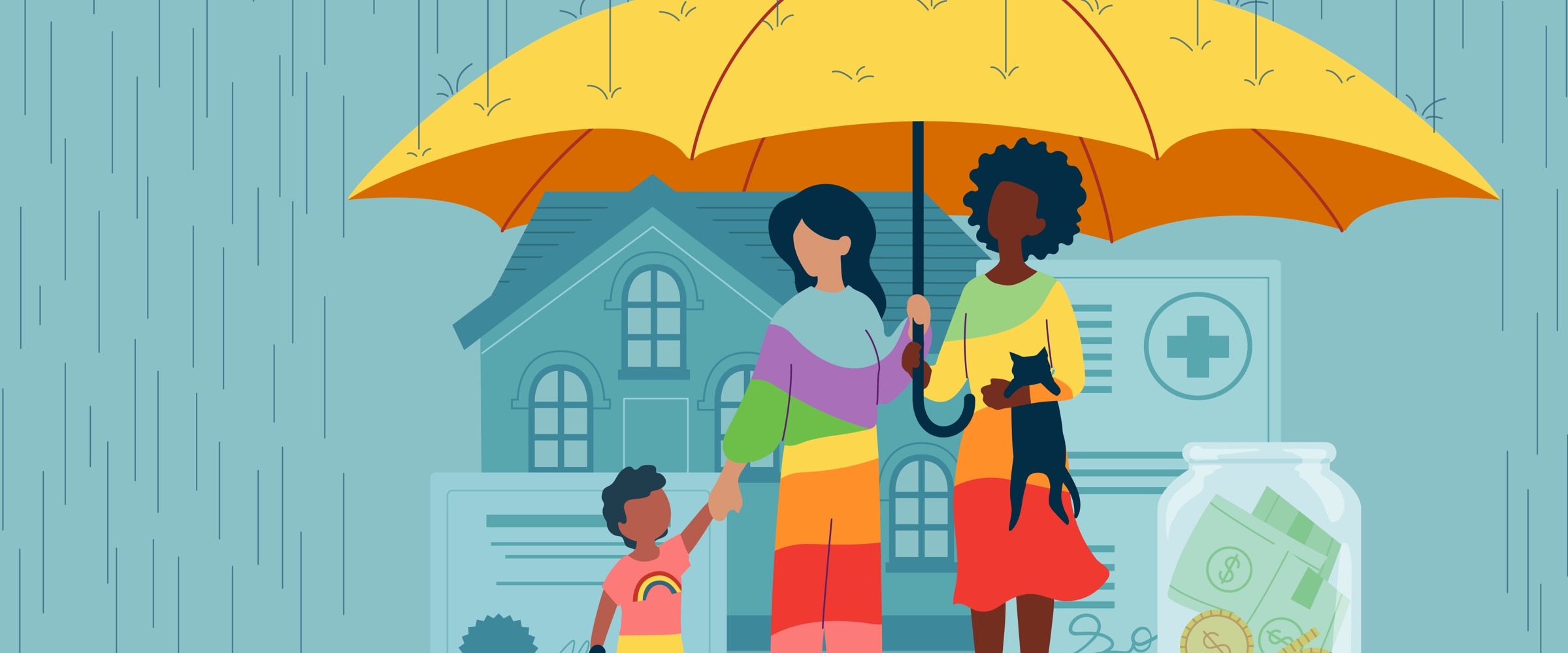 Illustration of two women with kids under an umbrella.