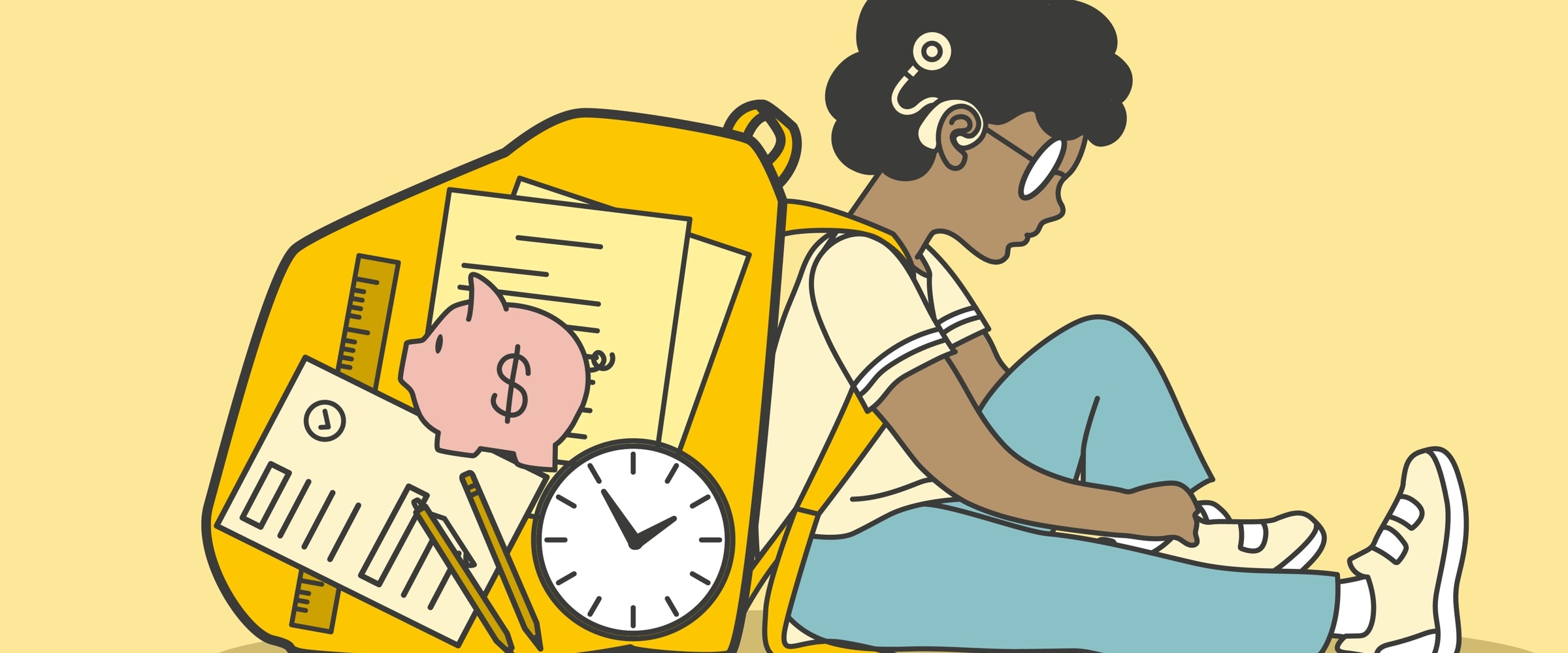 Illustration of young girl with hearing device and wearing school backpack.