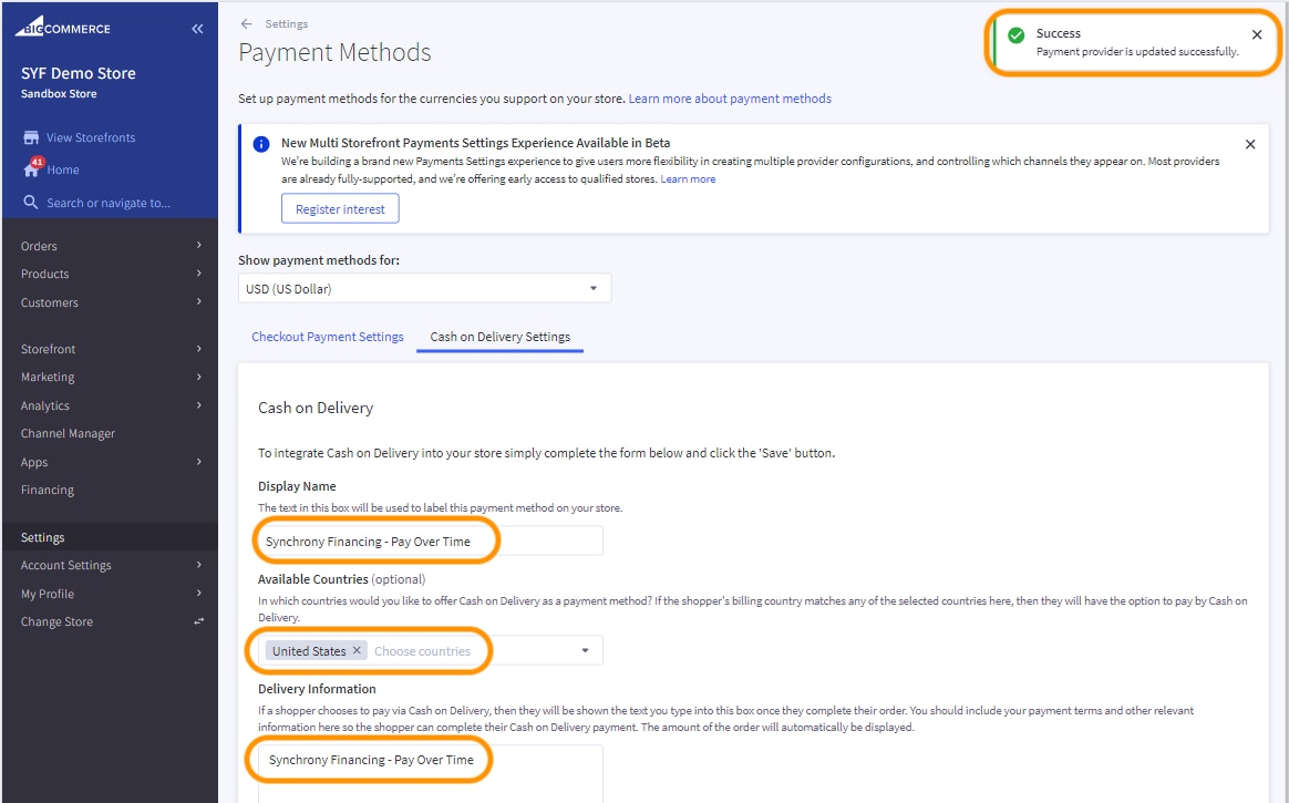 Success saving Cash on Delivery settings