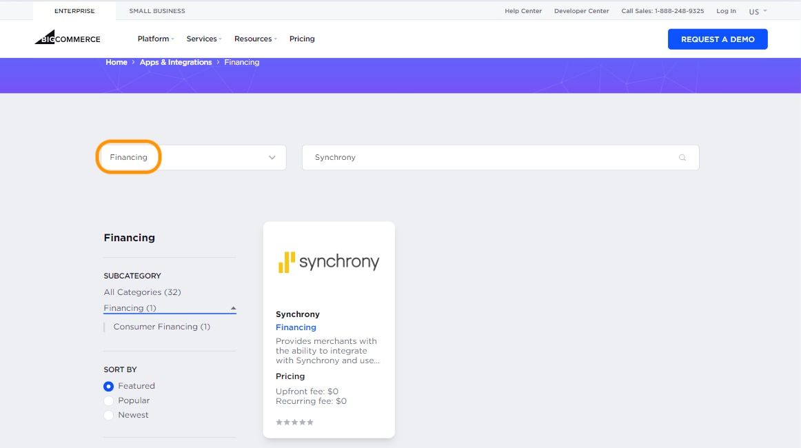 Select Financing from the Categories dropdown and enter Synchrony in search.