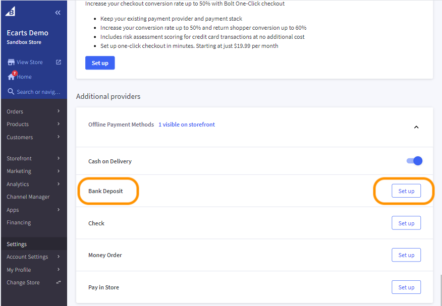 Click on Set up button for Bank Deposit.