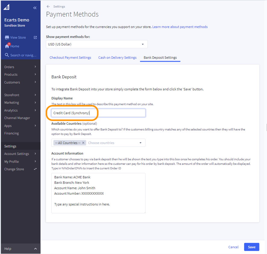 Edit the Display Name with Credit Card (Synchrony). Click on
                                Save button.