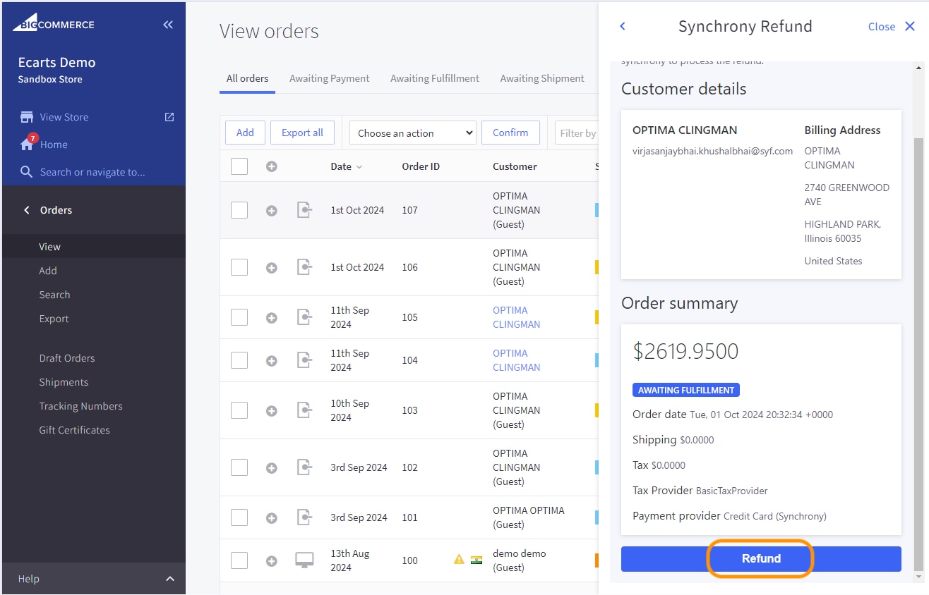Order Summary is displayed. Click on Refund button.