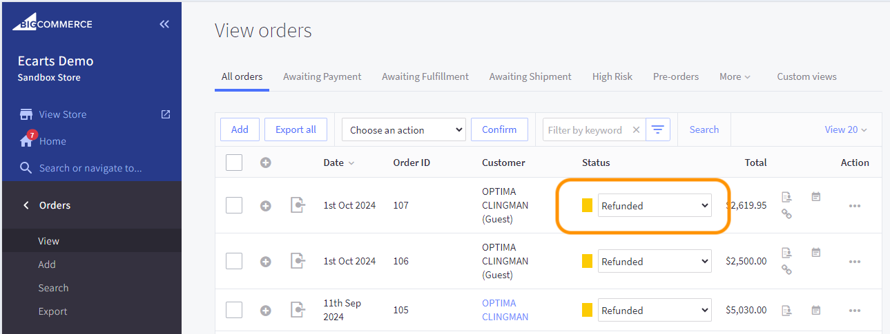 Status will change to Refunded.