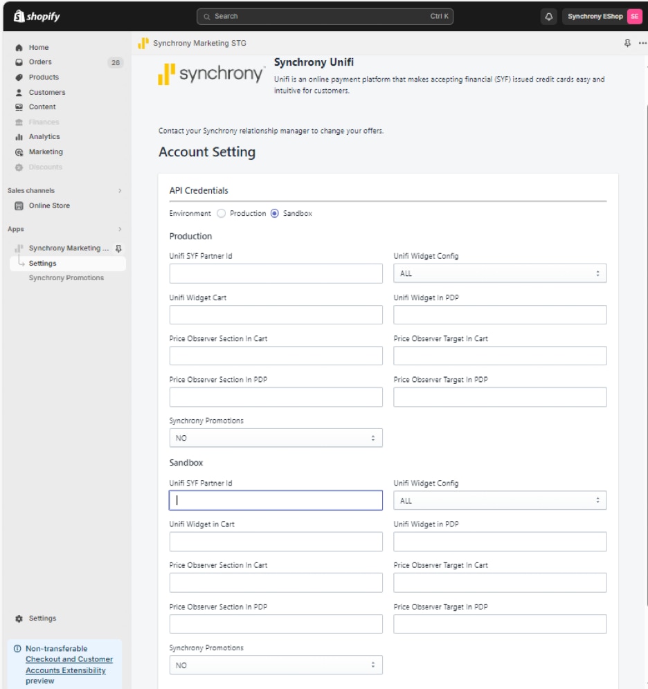 Shopify API account settings