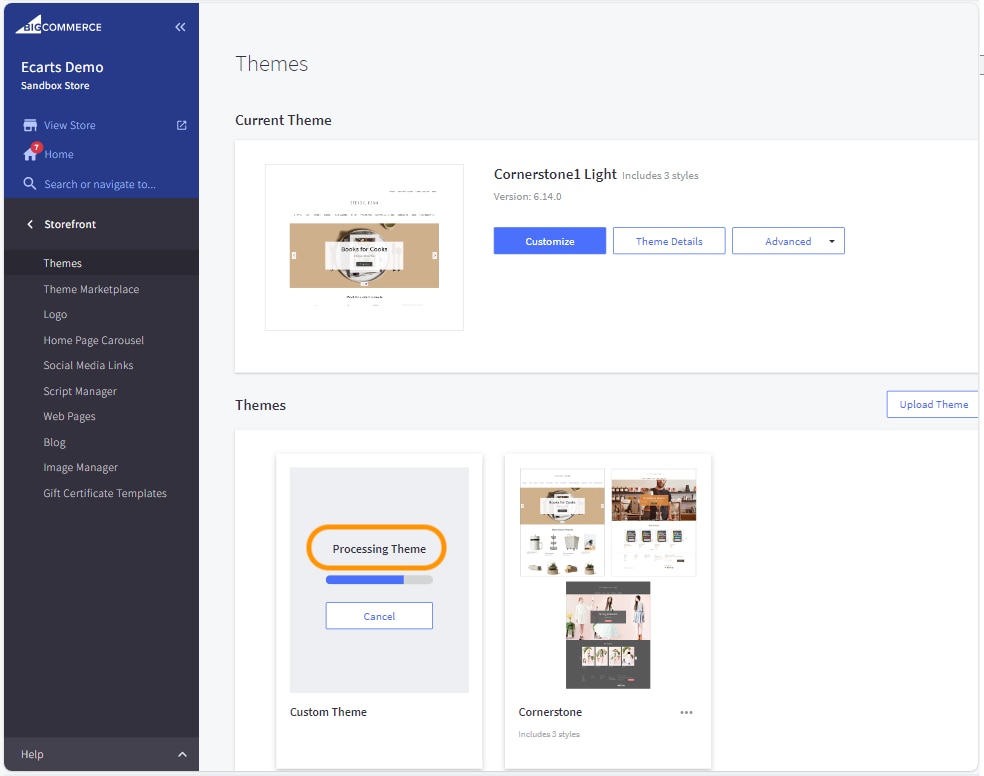 Processing Theme will display. Page will auto refresh once process
                                    completed.