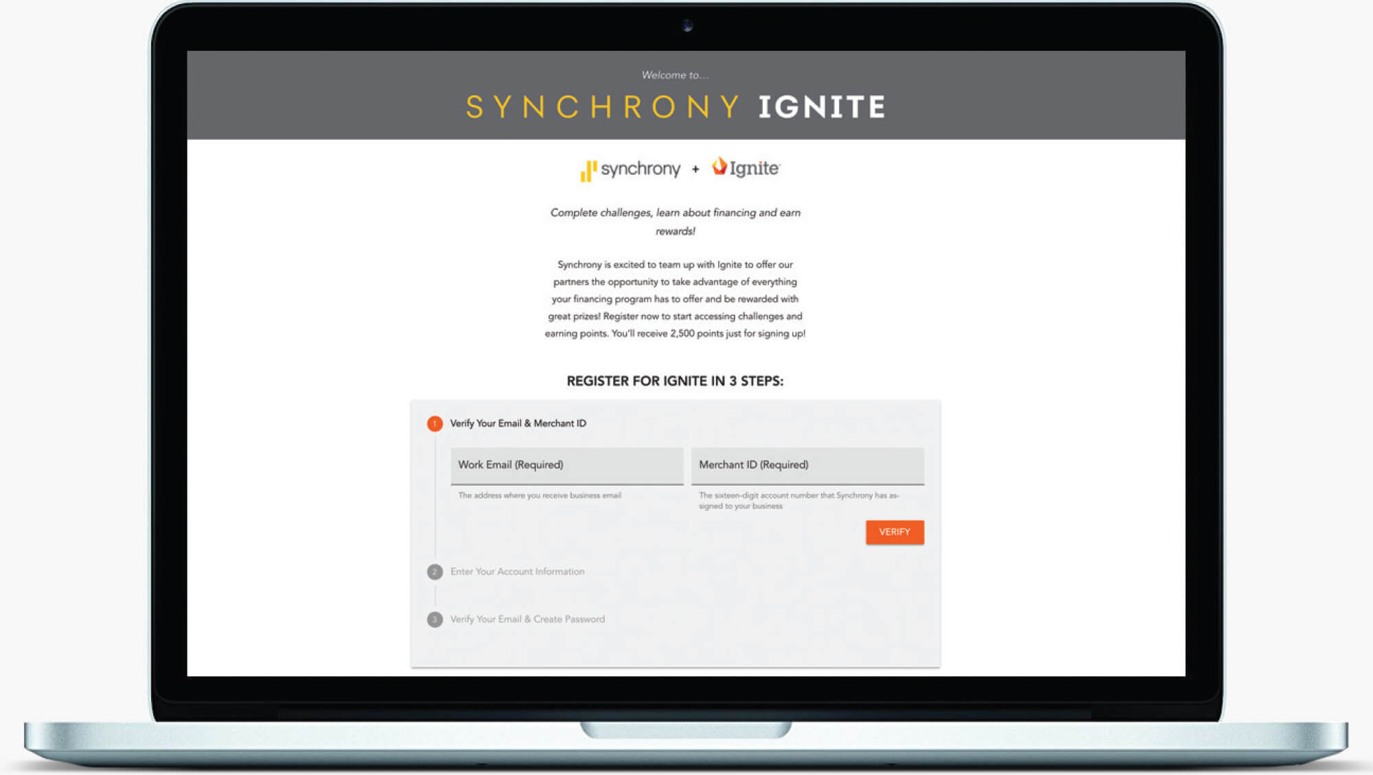 A laptop screen showing the Synchrony Ignite webpage