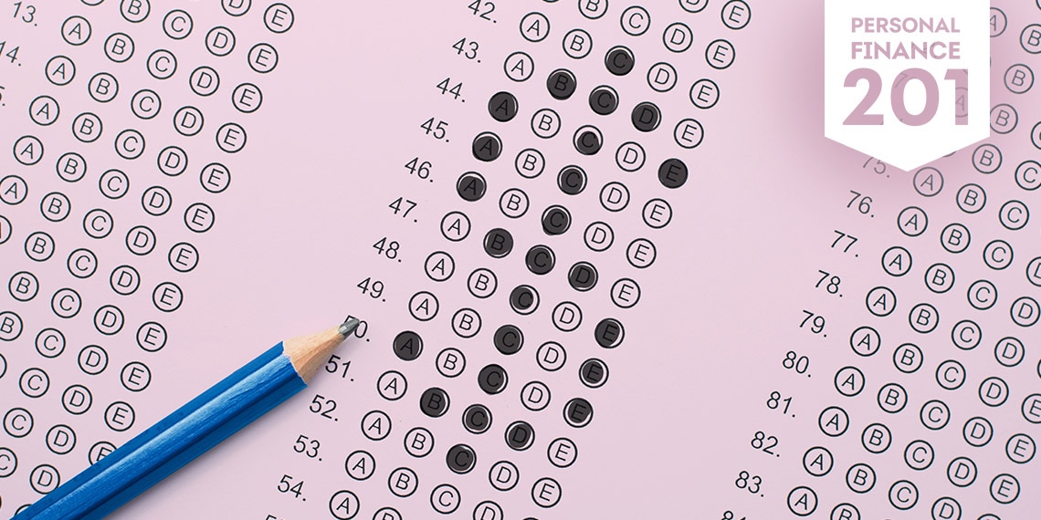 A quiz sheet with the bubbles filled in to form a dollar sign
