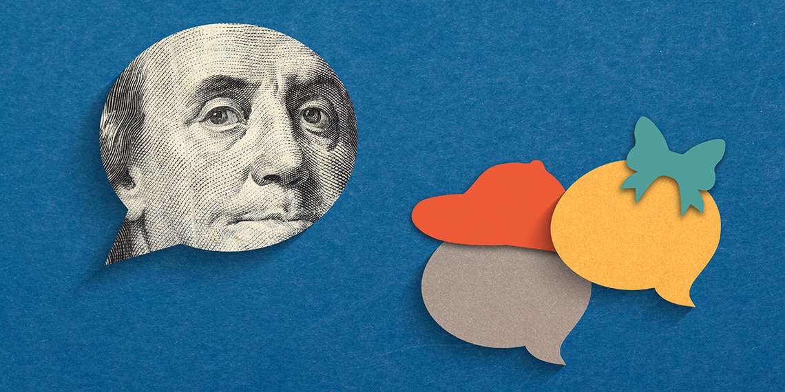 A speech bubble with Ben Franklin from the hundred dollar bill and two smaller speech bubbles with a hat and a bow