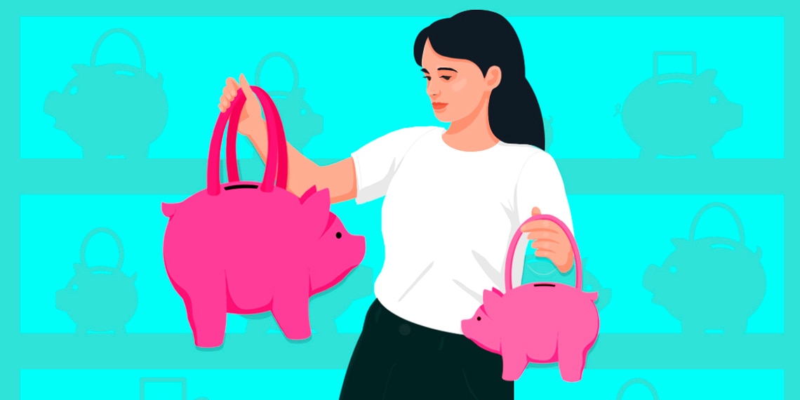 Woman holding two different piggy bank purses.