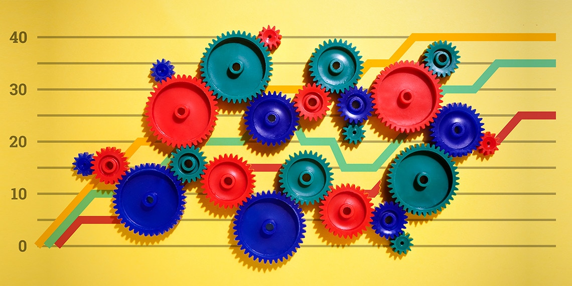 Graph with gears in different sizes and colors.